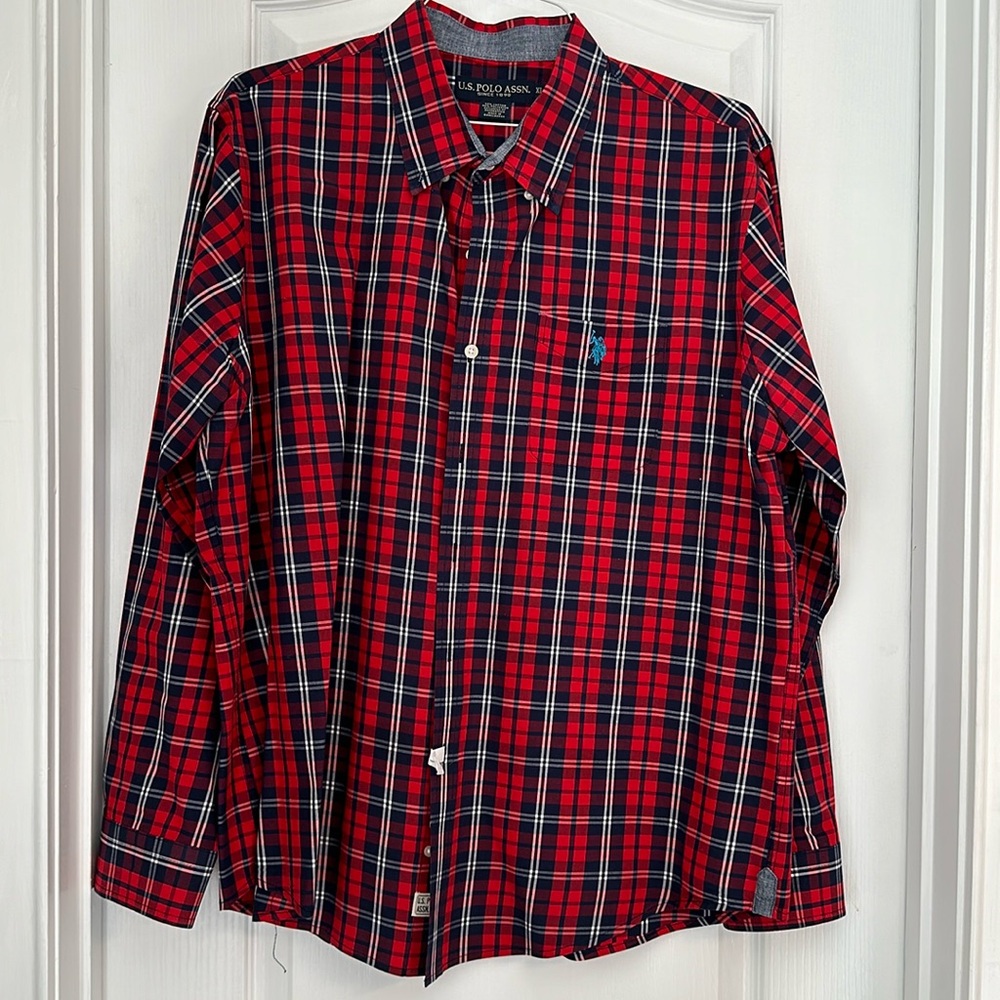 Men’s US Polo Assn Blue Plaid Button Down Oxford Dress Shirt XL